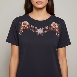 American Eagle Outfitters Navy Floral Embroidered Tee